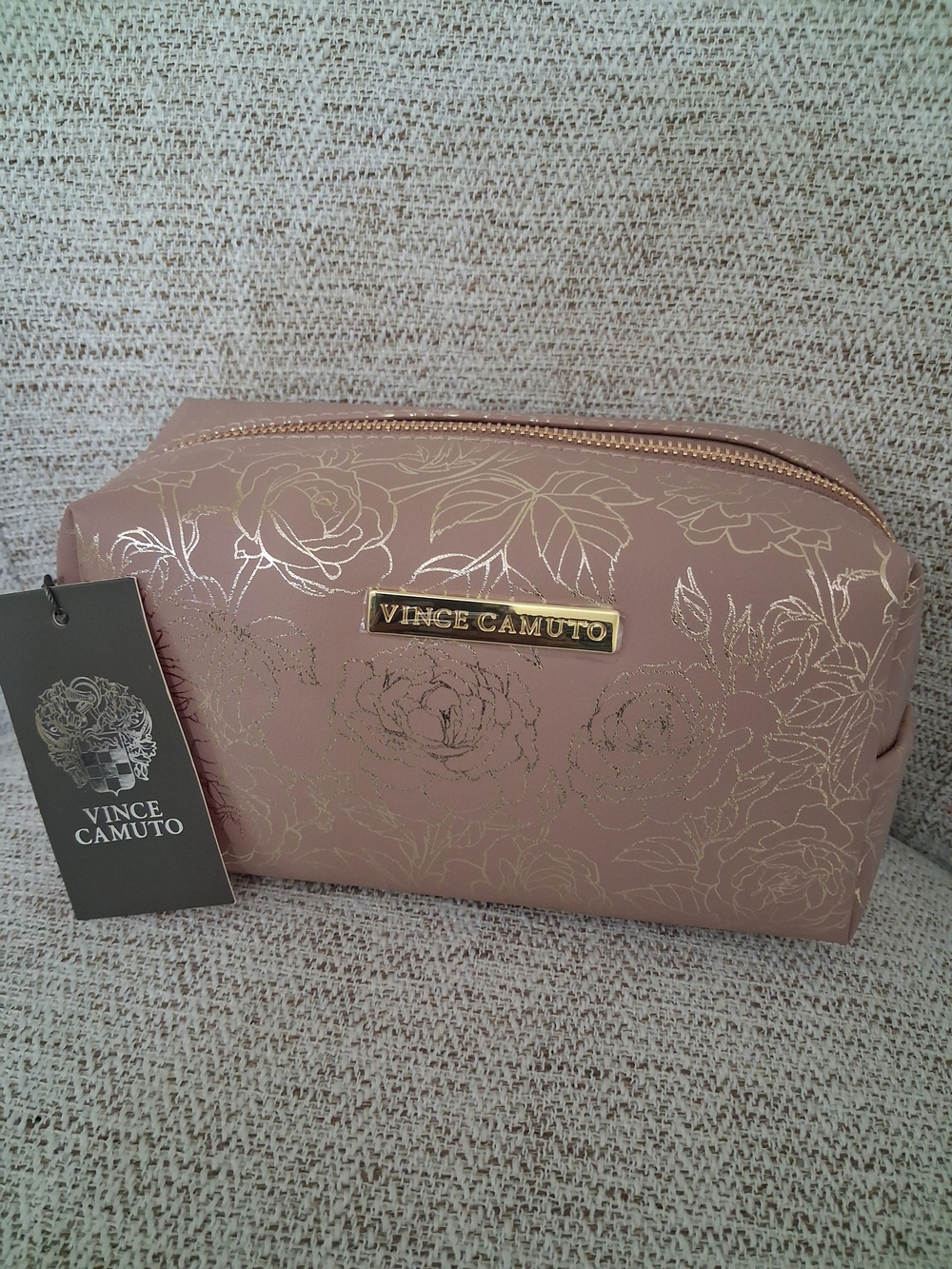 Vince Camuto Pink Floral Cosmetic Case with Gold Accents